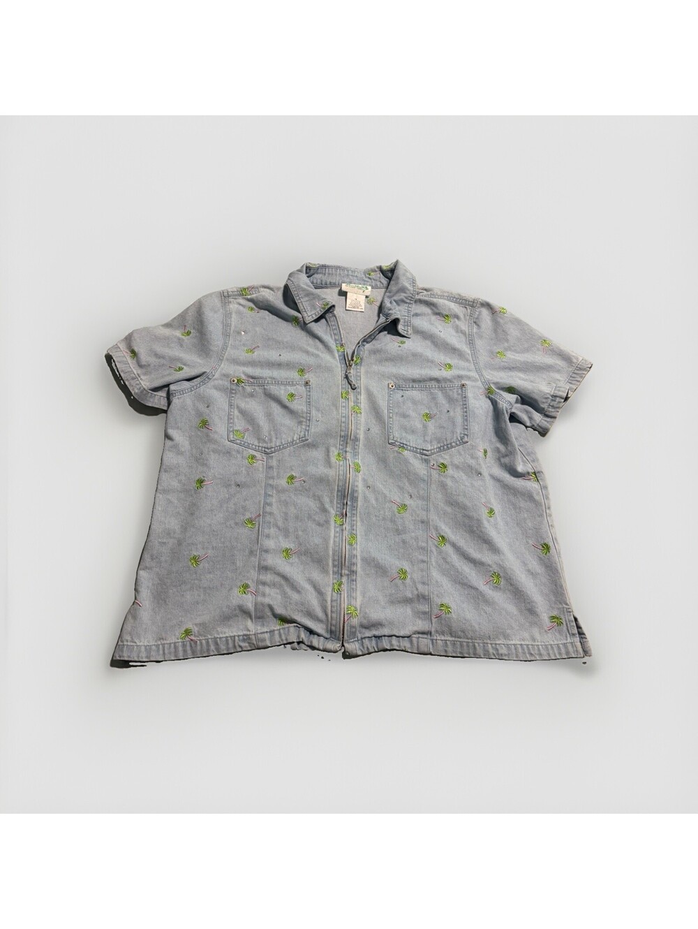 Vintage The Quacker Factory Short Sleeve Denim Palm Tree Embroid Size 1X